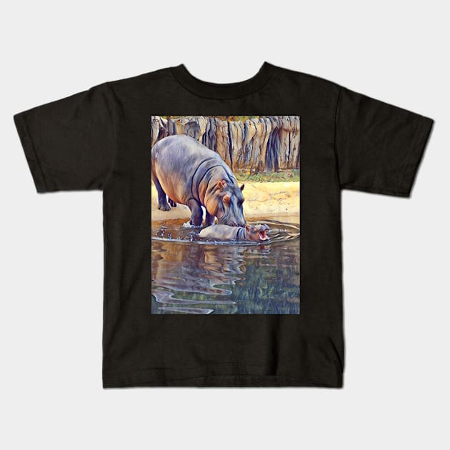 Mom and baby hippo Kids T-Shirt by Sharonzoolady